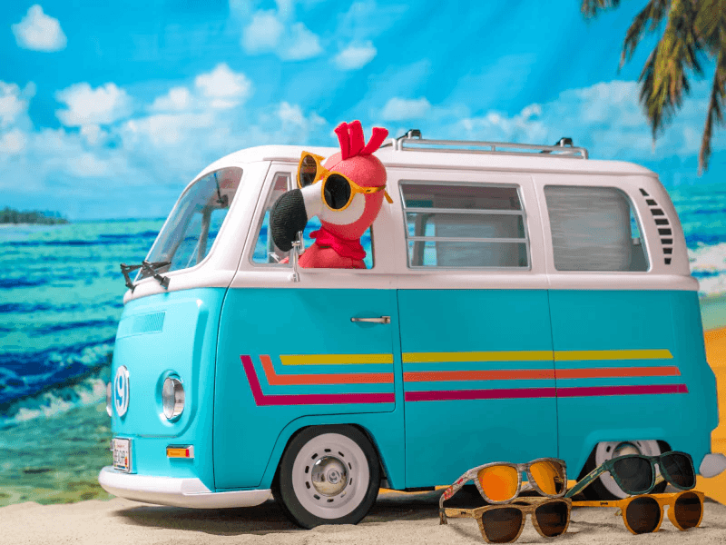 Baby Carl the flamingo in a turquoise van, with goodr sunglasses